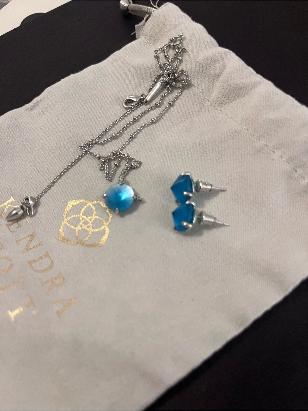 Kendra Scott Silver Necklace with Bright Blue Pendant and Matching Blue Studs